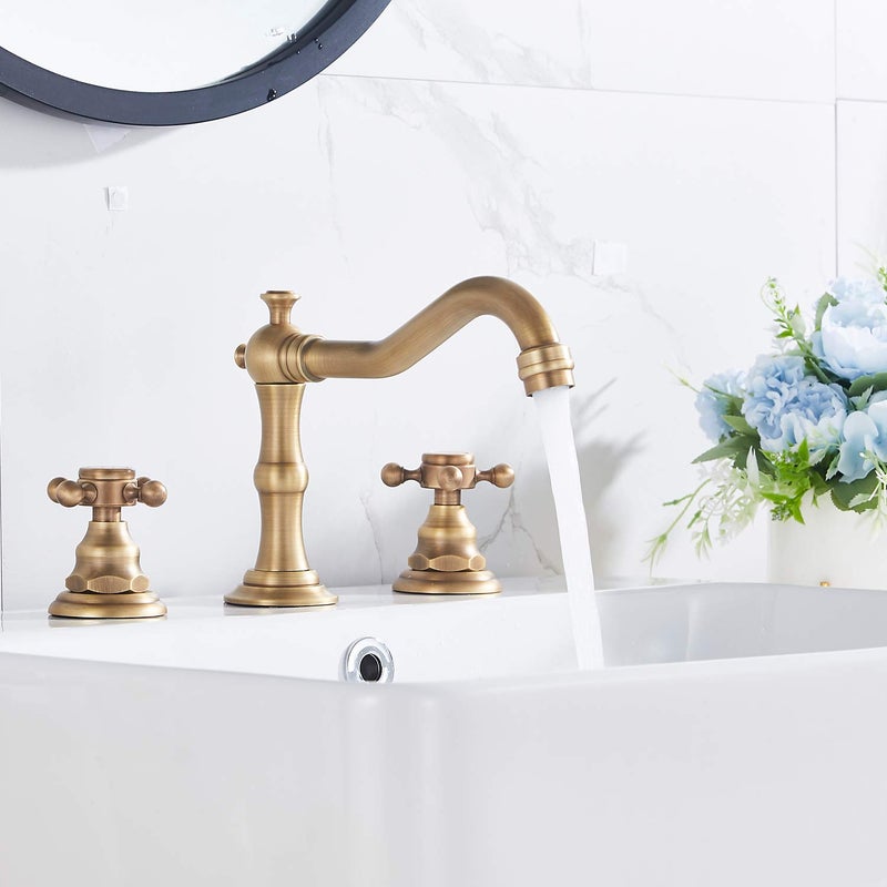 GGStudy 8 inch 2 Handles 3 Holes Widespread Bathroom Sink Faucet Antique Brass Basin Mixer Tap Faucet Matching Metal Pop Up Drain with Overflow - Image 4